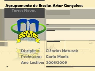 Agrupamento de Escolas Artur Gonçalves
   Torres Novas




       Disciplina: Ciências Naturais
       Professora: Carla Moniz
       Ano Lectivo: 2008/2009
 