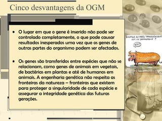 Cinco desvantagens da OGM

• O lugar em que o gene é inserido não pode ser
  controlado completamente, o que pode causar
  resultados inesperados uma vez que os genes de
  outras partes do organismo podem ser afectados.

• Os genes são transferidos entre espécies que não se
  relacionam, como genes de animais em vegetais,
  de bactérias em plantas e até de humanos em
  animais. A engenharia genética não respeita as
  fronteiras da natureza – fronteiras que existem
  para proteger a singularidade de cada espécie e
  assegurar a integridade genética das futuras
  gerações.
 