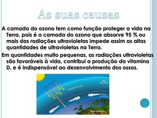 A camada do ozono tem como função proteger a vida na
  Terra, pois é a camada do ozono que absorve 95 % ou
  mais das radiações ultravioletas impede assim as altas
  quantidades de ultravioletas na Terra.
Em quantidades muito pequenas, as radiações ultravioletas
  são favoráveis à vida, contribui a produção da vitamina
  D, e é indispensável ao desenvolvimento dos ossos.
 