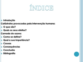    Introdução
Catástrofes provocadas pela intervenção humana:
   O que são?
   Quais os seus efeitos?
Camada do ozono:
   Como se define?
   Qual a sua importância?
   Causas
   Consequências
   Conclusão
   Bibliografia
 