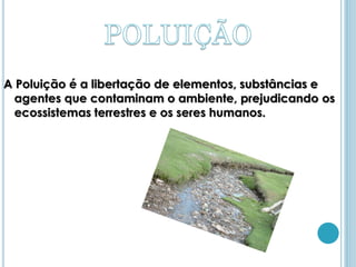 A Poluição é a libertação de elementos, substâncias e
  agentes que contaminam o ambiente, prejudicando os
  ecossistemas terrestres e os seres humanos.
 