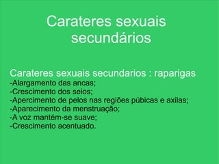 Carateres sexuais
             secundários

Carateres sexuais secundarios : raparigas
-Alargamento das ancas;
-Crescimento dos seios;
-Apercimento de pelos nas regiões púbicas e axilas;
-Aparecimento da menstruação;
-A voz mantém-se suave;
-Crescimento acentuado.
 