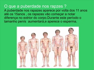 O que a puberdade nos rapzes ?
A puberdade nos rapazes aparece por volta dos 11 anos
até os 15anos , os rapazes vão começar a notar
diferença no extrior do corpo.Durante este período o
tamanho penís aumentará,e aperece o esperma.
 