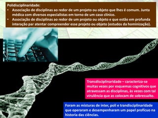 Polidisciplinaridade:
• Associação de disciplinas ao redor de um projeto ou objeto que lhes é comum. Junta
   médica com diversos especialistas em torno de um caso clínico.
• Associação de disciplinas ao redor de um projeto ou objeto e que estão em profunda
   interação par atentar compreender esse projeto ou objeto (estudos da hominização).




                                               Transdisciplinaridade – caracteriza-se
                                               muitas vezes por esquemas cognitivos que
                                               atravessam as disciplinas, às vezes com tal
                                               virulência que as colocam de sobressalto.

                                  Foram as misturas de inter, poli e trandisciplinaridade
                                  que operaram e desempenharam um papel profícuo na
                                  historia das ciências.
 