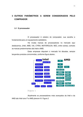 11 
3 OUTROS PARÂMETROS A SEREM CONSIDERADOS PELO 
COMPRADOR 
3.1 O processador 
O processador é cérebro do computador, sua escolha e 
fundamental para um equipamento satisfatório. 
Há muitas marcas de processadores no mercado aqui 
destacamos, (Intel, AMD, VIA, CYRIX, MOTOROLOA, NEC, entre outras), contudo 
as marcas predominantes são Intel e AMD. 
Estas empresas disputam o mercado há décadas, sempre 
lançandos produtos concorrentes, conforme figura abaixo. 
Figura 1 
Atualmente os processadores mais avançados da Intel e da 
AND são Intel core i7 e AMD phenom III. Figura 2 
 
