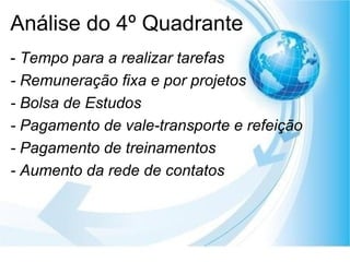 Análise do 4º Quadrante -  Tempo para a realizar tarefas - Remuneração fixa e por projetos - Bolsa de Estudos - Pagamento de vale-transporte e refeição - Pagamento de treinamentos - Aumento da rede de contatos 