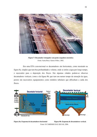 16
Figura 7: Decantador retangular com ponte raspadora mecânica
Fonte: Santa Rita e Santos Filhos, 2002.
Em uma ETA convencional os decantadores são horizontais, como mostrado na
figura 8a, simples que tem boa profundidade e volume, onde se retém a água por longo tempo,
o necessário para a deposição dos flocos. Em algumas cidades podem-se observar
decantadores verticais, como o da figura 8b, que tem um menor tempo de retenção da água,
porem são necessários equipamentos como módulos tubulares que dificultam a saída dos
flocos.
Figura 8a: Esquema de decantadores horizontal Figura 8b: Esquema de decantadores vertical.
Fonte: O CAMINHO DAS ÁGUAS, 2006.
 