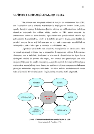 20
CAPÍTULO 2. RESÍDUO SÓLIDO, LODO, DE ETA
Nos últimos anos, um grande número de estações de tratamento de água (ETA)
tem-se defrontado com o problema do tratamento e disposição dos resíduos sólidos, lodos,
gerados durante o processo de tratamento. Embora não seja um problema recente, o efeito da
disposição inadequada dos resíduos sólidos gerados em ETA tem-se mostrado ser
extremamente danoso ao meio ambiente, especialmente nos grandes centros urbanos, seja
pelo aumento da quantidade de sólidos e da turbidez em corpos d’água, como também no
provável aumento da sua toxicidade que, por sua vez, pode comprometer a estabilidade da
vida aquática (Junk e Guizzi apud in Sakumoto e colaboradores, 2005).
A produção destes lodos vem crescendo, principalmente nos últimos anos, e tem
se tornado um grande problema para as companhias de saneamento básico e de forma mais
abrangente para a sociedade. Atualmente os sistemas de abastecimento de água têm se
restringido somente ao produto final (água), não havendo uma preocupação com estes
resíduos sólidos que são gerados no processo. A questão quanto à disposição ambiental deste
resíduo deve ser avaliado de forma abrangente, analisando todos os setores que estabelecem a
produção, tratamento e disposição deste lodo. Uma visão holística possibilita visualizar que
todos estes setores devem ser avaliados conjuntamente, conforme ilustra a figura 11.
Figura 11: Visão holística do gerenciamento de lodo de ETA.
Fonte: adaptada de Parsekian, 1998.
NORMAS
LEGISLAÇÃO SAÚDE
MEIO
AMBIENTE
SEGURANÇA
SOCIAL
LODO DE
ETA
 