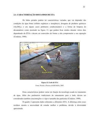 22
2.1. CARACTERIZAÇÃO DOS LODOS DE ETA
Os lodos gerados podem ter características variadas, que vai depender das
condições da água bruta (sólidos orgânicos e inorgânico), dosagens de produtos químicos
(Al2(SO4)3 e em alguns casos polímeros condicionantes) e a forma de limpeza do
decantadores como mostrado na figura 13, que podem ficar retidos durante vários dias
dependendo da ETA e devem ser removidos de forma a não comprometer a sua operação
(Cordeiro, 1999).
Figura 13: Lodo de ETA
Fonte: Pisoler e Pereira (SANEAGO), 2005.
Estas características podem variar em função da tecnologia usada no tratamento
de água. Além dos parâmetros tradicionais do saneamento para o lodo, devem ser
considerados também concentrações e o tipo e tamanho das partículas (Cordeiro, 1999).
O quadro 2 apresenta dados referentes a diferentes ETA. A diferença entre esses
resíduos mostra a necessidade de estudar melhor o problema, devido à diversidade
apresentada.
 