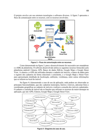 69
O projeto envolve em sua estrutura tecnologias e softwares diversos. A figura 3 apresenta o
fluxo de comunicação entre os recursos, com os recursos envolvidos.
Figura 3 – Fluxo de comunicação entre os recursos.
Como demonstrado na figura 3, para o desenvolvimento foi necessário um smartphone
e o SDK da plataforma. O software desenvolvido utiliza os seguintes recursos fornecidos pela
plataforma android: Câmera, GPS, Banco de dados SQLite, Google Maps e Google Street
View. A câmera e o GPS são utilizados durante o cadastro de imóveis, o banco de dados para
o registro dos cadastros de forma relacional e consistente, e o Google Maps e Street View
para apresentação detalhada da localização, ambiente, vizinhança, entre outras informações
que se referem ao local do imóvel.
Na figura 4 é demonstrado o caso de uso da aplicação, onde podem ser observadas as
principais funcionalidades, que são: cadastrar municípios, bairros e imóveis, adicionar fotos e
coordenadas geográficas ao cadastro de imóveis e realizar a consulta dos imóveis cadastrados.
O cadastro e consulta de imóvel são as funções que utilizam os recursos de maior destaque na
aplicação, que são: GPS, Câmera, Google Maps e Google Street View.
Figura 4 - Diagrama de caso de uso.
 