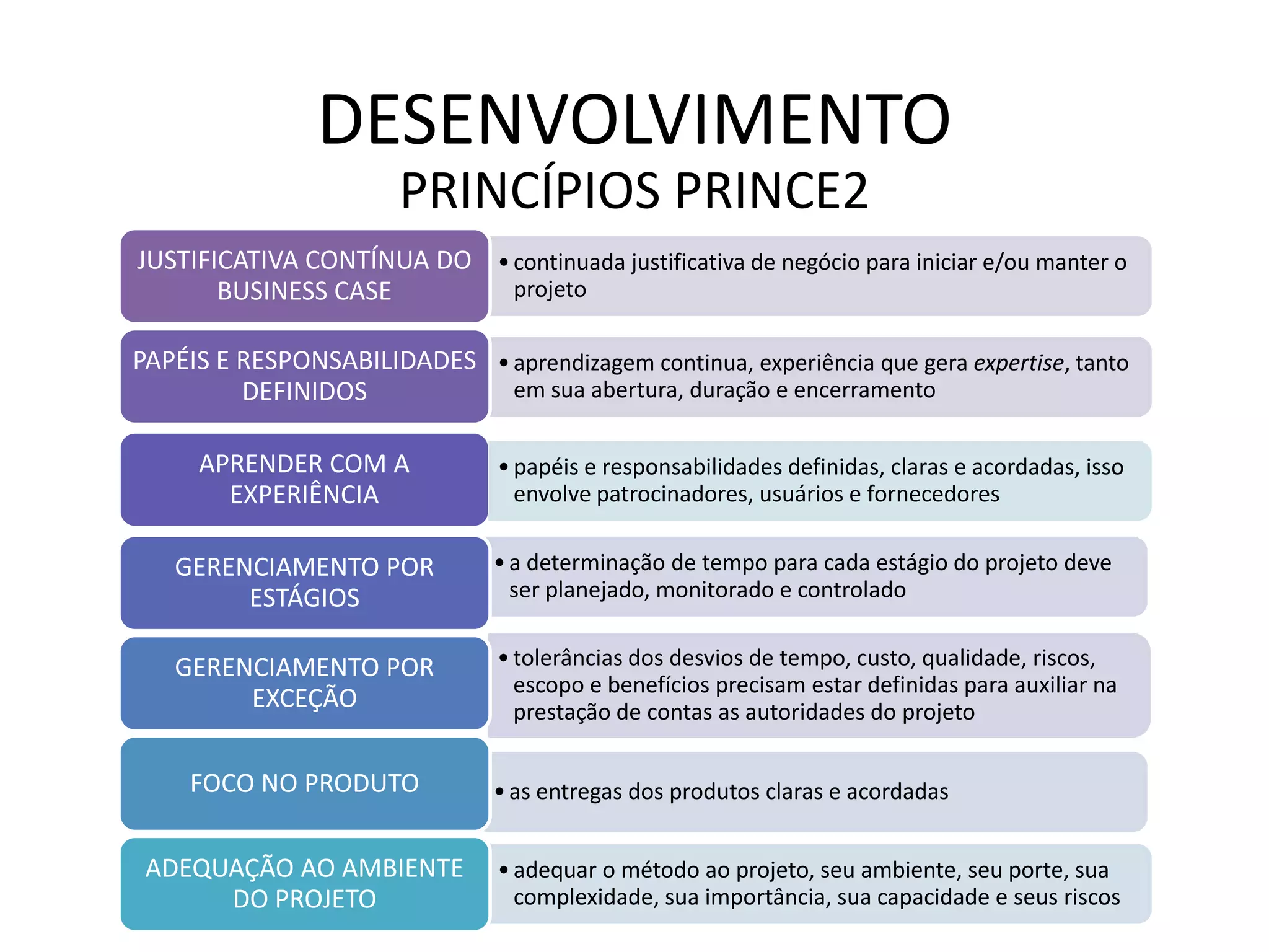 PRINCÍPIOS PRINCE2
•continuada justificativa de negócio para iniciar e/ou manter o
projeto
JUSTIFICATIVA CONTÍNUA DO
BUSINESS CASE
•aprendizagem continua, experiência que gera expertise, tanto
em sua abertura, duração e encerramento
PAPÉIS E RESPONSABILIDADES
DEFINIDOS
•tolerâncias dos desvios de tempo, custo, qualidade, riscos,
escopo e benefícios precisam estar definidas para auxiliar na
prestação de contas as autoridades do projeto
APRENDER COM A
EXPERIÊNCIA
•a determinação de tempo para cada estágio do projeto deve
ser planejado, monitorado e controlado
GERENCIAMENTO POR
ESTÁGIOS
•as entregas dos produtos claras e acordadas
GERENCIAMENTO POR
EXCEÇÃO
•adequar o método ao projeto, seu ambiente, seu porte, sua
complexidade, sua importância, sua capacidade e seus riscos
FOCO NO PRODUTO
•papéis e responsabilidades definidas, claras e acordadas, isso
envolve patrocinadores, usuários e fornecedores
ADEQUAÇÃO AO AMBIENTE
DO PROJETO
DESENVOLVIMENTO
 