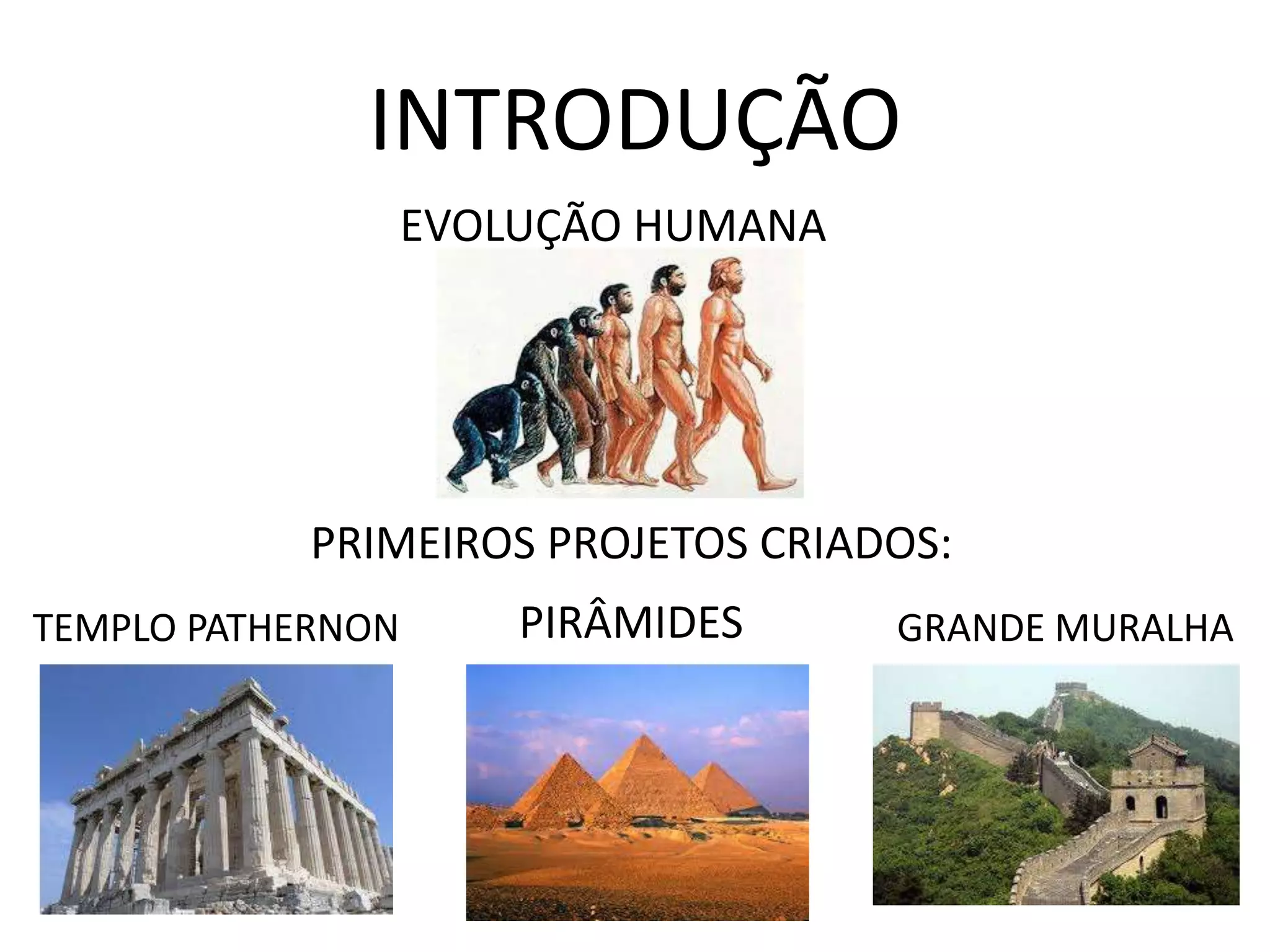 INTRODUÇÃO
EVOLUÇÃO HUMANA
PRIMEIROS PROJETOS CRIADOS:
PIRÂMIDESTEMPLO PATHERNON GRANDE MURALHA
 