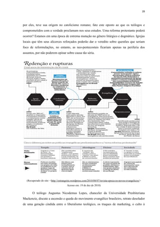 28
por eles, teve sua origem no catolicismo romano; fato este oposto ao que os teólogos e
comprometidos com a verdade proclamam nos seus estudos. Uma reforma protestante poderá
ocorrer? Estamos em uma época de estrema mutação no gênero litúrgico e dogmático. Igrejas
locais que têm seus alicerces reforçados poderão dar o veredito sobre questões que seriam
foco de reformulações, no entanto, as neo-pentecostais ficariam apenas na periferia dos
assuntos, por não poderem opinar sobre causa tão séria.
(Recuperado do site: <http://estrangeira.wordpress.com/2010/08/07/revista-epoca-os-novos-evangelicos/>
Acesso em: 19 de dez de 2010)
O teólogo Augustus Nicodemus Lopes, chanceler da Universidade Presbiteriana
Mackenzie, discute a ascensão e queda do movimento evangélico brasileiro, retrato desolador
de uma geração cindida entre o liberalismo teológico, os truques de marketing, o culto à
 