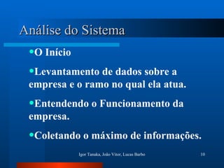 Análise do Sistema O Início Levantamento de dados sobre a empresa e o ramo no qual ela atua. Entendendo o Funcionamento da empresa. Coletando o máximo de informações. 