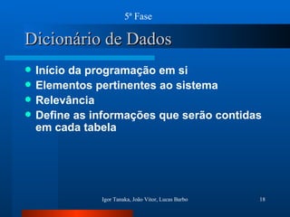 Dicionário de Dados Início da programação em si Elementos pertinentes ao sistema Relevância Define as informações que serão contidas em cada tabela 5ª Fase 