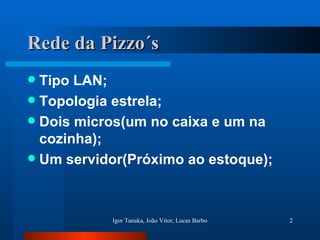 Rede da Pizzo´s Tipo LAN; Topologia estrela; Dois micros(um no caixa e um na cozinha); Um servidor(Próximo ao estoque); 