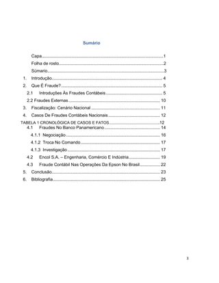 Sumário


         Capa......................................................................................................1
         Folha de rosto........................................................................................2
         Súmario..................................................................................................3
 1.      Introdução............................................................................................ 4
 2.      Que É Fraude? .................................................................................... 5
      2.1      Introduções Às Fraudes Contábeis ............................................... 5
      2.2 Fraudes Externas ............................................................................ 10
 3.      Fiscalização: Cenário Nacional ......................................................... 11
 4.      Casos De Fraudes Contábeis Nacionais ........................................... 12
TABELA 1 CRONOLÓGICA DE CASOS E FATOS..............................................12
      4.1      Fraudes No Banco Panamericano .............................................. 14
        4.1.1 Negociação .............................................................................. 16
        4.1.2 Troca No Comando .................................................................. 17
        4.1.3 Investigação ............................................................................. 17
      4.2      Encol S.A. – Engenharia, Comércio E Indústria .......................... 19
      4.3      Fraude Contábil Nas Operações Da Epson No Brasil................. 22
 5.      Conclusão.......................................................................................... 23
 6.      Bibliografia ......................................................................................... 25




                                                                                                                       3
 