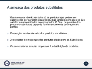 33
A ameaça dos produtos substitutos
Essa ameaça não diz respeito só as produtos que podem ser
substituídos por caracterís...