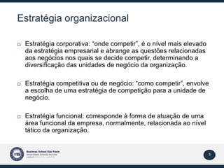 5
Estratégia organizacional
 Estratégia corporativa: “onde competir”, é o nível mais elevado
da estratégia empresarial e ...