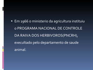 Em 1966 o ministerio da agricultura instituiu o PROGRAMA NACIONAL DE CONTROLE DA RAIVA DOS HERBIVOROS(PNCRH), execultado pelo departamento de saude animal. 