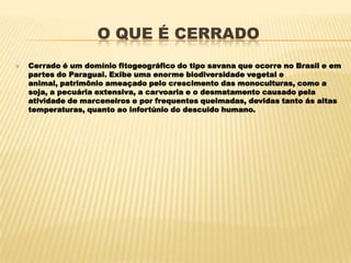 O QUE É CERRADO
   Cerrado é um domínio fitogeográfico do tipo savana que ocorre no Brasil e em
    partes do Paraguai. Exibe uma enorme biodiversidade vegetal e
    animal, patrimônio ameaçado pelo crescimento das monoculturas, como a
    soja, a pecuária extensiva, a carvoaria e o desmatamento causado pela
    atividade de marceneiros e por frequentes queimadas, devidas tanto ás altas
    temperaturas, quanto ao infortúnio do descuido humano.
 