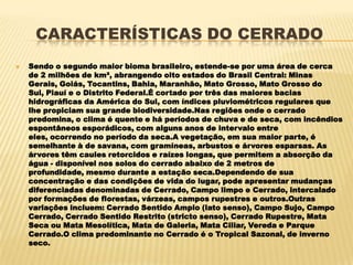 CARACTERÍSTICAS DO CERRADO
   Sendo o segundo maior bioma brasileiro, estende-se por uma área de cerca
    de 2 milhões de km², abrangendo oito estados do Brasil Central: Minas
    Gerais, Goiás, Tocantins, Bahia, Maranhão, Mato Grosso, Mato Grosso do
    Sul, Piauí e o Distrito Federal.É cortado por três das maiores bacias
    hidrográficas da América do Sul, com índices pluviométricos regulares que
    lhe propiciam sua grande biodiversidade.Nas regiões onde o cerrado
    predomina, o clima é quente e há períodos de chuva e de seca, com incêndios
    espontâneos esporádicos, com alguns anos de intervalo entre
    eles, ocorrendo no período da seca.A vegetação, em sua maior parte, é
    semelhante à de savana, com gramíneas, arbustos e árvores esparsas. As
    árvores têm caules retorcidos e raízes longas, que permitem a absorção da
    água - disponível nos solos do cerrado abaixo de 2 metros de
    profundidade, mesmo durante a estação seca.Dependendo de sua
    concentração e das condições de vida do lugar, pode apresentar mudanças
    diferenciadas denominadas de Cerrado, Campo limpo e Cerrado, intercalado
    por formações de florestas, várzeas, campos rupestres e outros.Outras
    variações incluem: Cerrado Sentido Amplo (lato senso), Campo Sujo, Campo
    Cerrado, Cerrado Sentido Restrito (stricto senso), Cerrado Rupestre, Mata
    Seca ou Mata Mesolítica, Mata de Galeria, Mata Ciliar, Vereda e Parque
    Cerrado.O clima predominante no Cerrado é o Tropical Sazonal, de inverno
    seco.
 