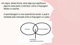 Um signo, dessa forma, seria algo que significaria
alguma coisa para o indivíduo, como a linguagem
falada e a escrita.
A aprendizagem é uma experiência social, a qual é
mediada pela interação entre a linguagem e a ação.
 
