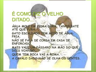 É COMO DIZ O VELHO
DITADO... ´
ÁGUA MOLE EM PEDRA DURA, TANTO BATE
ATÉ QUE FURA.
GATO ESCALDADO TEM MEDO DE ÁGUA
FRIA.
NÃO SE FALA DE CORDA EM CASA DE
ENFORCADO.
MAIS VALE UM PÁSSARO NA MÃO DO QUE
DOIS VOANDO.
QUEM TEM BOCA VAI A ROMA.
A CAVALO DADO NÃO SE OLHA OS DENTES.
 