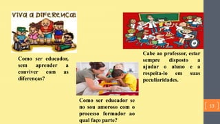 Como ser educador,
sem aprender a
conviver com as
diferenças?
Como ser educador se
no sou amoroso com o
processo formador ao
qual faço parte?
Cabe ao professor, estar
sempre disposto a
ajudar o aluno e a
respeita-lo em suas
peculiaridades.
13
 