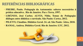 REFERÊNCIAS BIBLIOGRÁFICAS
• FREIRE, Paulo. Pedagogia da Autonomia: saberes necessários à
prática educativa . Rio de Janeiro: Paz e Terra, 1997.
• LIBÂNEO, José Carlos; ALVES, Nilda. Temas de Pedagogia:
diálogos entre didática e currículo. São Paulo: Cortez, 2012.
• PILETTI, Claudino. Didática Geral. 24. ed. São Paulo: Ática, 2010.
• RAMAL, Andrea. Didática Geral. Rio de Janeiro: LTC, 2012.
34
 