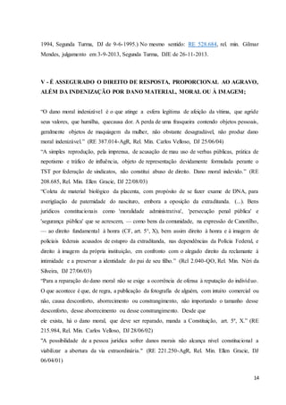 1994, Segunda Turma, DJ de 9-6-1995.) No mesmo sentido: RE 528.684, rel. min. Gilmar 
Mendes, julgamento em 3-9-2013, Segunda Turma, DJE de 26-11-2013. 
V - É ASSEGURADO O DIREITO DE RESPOSTA, PROPORCIONAL AO AGRAVO, 
ALÉM DA INDENIZAÇÃO POR DANO MATERIAL, MORAL OU À IMAGEM; 
“O dano moral indenizável é o que atinge a esfera legítima de afeição da vítima, que agride 
seus valores, que humilha, quecausa dor. A perda de uma frasqueira contendo objetos pessoais, 
geralmente objetos de maquiagem da mulher, não obstante desagradável, não produz dano 
moral indenizável.” (RE 387.014-AgR, Rel. Min. Carlos Velloso, DJ 25/06/04) 
“A simples reprodução, pela imprensa, de acusação de mau uso de verbas públicas, prática de 
nepotismo e tráfico de influência, objeto de representação devidamente formulada perante o 
TST por federação de sindicatos, não constitui abuso de direito. Dano moral indevido.” (RE 
208.685, Rel. Min. Ellen Gracie, DJ 22/08/03) 
“Coleta de material biológico da placenta, com propósito de se fazer exame de DNA, para 
averigüação de paternidade do nascituro, embora a oposição da extraditanda. (...). Bens 
jurídicos constitucionais como 'moralidade administrativa', 'persecução penal pública' e 
'segurança pública' que se acrescem, — como bens da comunidade, na expressão de Canotilho, 
— ao direito fundamental à honra (CF, art. 5°, X), bem assim direito à honra e à imagem de 
policiais federais acusados de estupro da extraditanda, nas dependências da Polícia Federal, e 
direito à imagem da própria instituição, em confronto com o alegado direito da reclamante à 
intimidade e a preservar a identidade do pai de seu filho.” (Rcl 2.040-QO, Rel. Min. Néri da 
Silveira, DJ 27/06/03) 
“Para a reparação do dano moral não se exige a ocorrência de ofensa à reputação do indivíd uo. 
O que acontece é que, de regra, a publicação da fotografia de alguém, com intuito comercial ou 
não, causa desconforto, aborrecimento ou constrangimento, não importando o tamanho desse 
desconforto, desse aborrecimento ou desse constrangimento. Desde que 
ele exista, há o dano moral, que deve ser reparado, manda a Constituição, art. 5º, X.” (RE 
215.984, Rel. Min. Carlos Velloso, DJ 28/06/02) 
"A possibilidade de a pessoa jurídica sofrer danos morais não alcança nível constitucional a 
viabilizar a abertura da via extraordinária." (RE 221.250-AgR, Rel. Min. Ellen Gracie, DJ 
06/04/01) 
14 
 