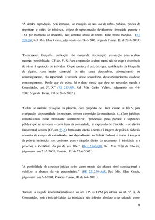 “A simples reprodução, pela imprensa, de acusação de mau uso de verbas públicas, prática de 
nepotismo e tráfico de influência, objeto de representação devidamente formulada perante o 
TST por federação de sindicatos, não constitui abuso de direito. Dano moral indevido.” (RE 
208.685, Rel. Min. Ellen Gracie, julgamento em 24-6-2003, Segunda Turma, DJ de 22-8-2003.) 
"Dano moral: fotografia: publicação não consentida: indenização: cumulação com o dano 
material: possibilidade. CF, art. 5º, X. Para a reparação do dano moral não se exige a ocorrência 
de ofensa à reputação do indivíduo. O que acontece é que, de regra, a publicação da fotografia 
de alguém, com intuito comercial ou não, causa desconforto, aborrecimento ou 
constrangimento, não importando o tamanho desse desconforto, desse aborrecimento ou desse 
constrangimento. Desde que ele exista, há o dano moral, que deve ser reparado, manda a 
Constituição, art. 5º, X." (RE 215.984, Rel. Min. Carlos Velloso, julgamento em 4-6- 
2002, Segunda Turma, DJ de 28-6-2002.) 
“Coleta de material biológico da placenta, com propósito de fazer exame de DNA, para 
averiguação de paternidade do nascituro, embora a oposição da extraditanda. (...) Bens jurídicos 
constitucionais como 'moralidade administrativa', 'persecução penal pública' e 'segurança 
pública' que se acrescem – como bens da comunidade, na expressão de Canotilho – ao direito 
fundamental à honra (CF, art. 5°, X), bem assim direito à honra e à imagem de policiais federais 
acusados de estupro da extraditanda, nas dependências da Polícia Federal, e direito à imagem 
da própria instituição, em confronto com o alegado direito da reclamante à intimidade e a 
preservar a identidade do pai de seu filho.” (Rcl 2.040-QO, Rel. Min. Néri da Silve ira, 
julgamento em 21-2-2002, Plenário, DJ de 27-6-2003.) 
"A possibilidade de a pessoa jurídica sofrer danos morais não alcança nível constitucional a 
viabilizar a abertura da via extraordinária." (RE 221.250-AgR, Rel. Min. Ellen Gracie, 
julgamento em 6-3-2001, Primeira Turma, DJ de 6-4-2001.) 
"Inexiste a alegada inconstitucionalidade do art. 235 do CPM por ofensa ao art. 5º, X, da 
Constituição, pois a inviolabilidade da intimidade não é direito absoluto a ser utilizado como 
31 
 