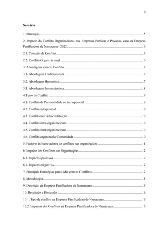 3
Sumário
1.Introdução................................................................................................................................5
2. Impacto do Conflito Organizacional nas Empresas Publicas e Privadas, caso da Empresa
Panificadora de Namacurra- 2022..............................................................................................6
2.1. Conceito de Conflito............................................................................................................6
2.2. Conflito Organizacional ......................................................................................................6
3. Abordagens sobre o Conflito..................................................................................................7
3.1. Abordagem Tradicionalista .................................................................................................7
3.2. Abordagem Humanista........................................................................................................7
3.3. Abordagem Interaccionista..................................................................................................8
4.Tipos de Conflito.....................................................................................................................9
4.1. Conflito de Personalidade ou intra-pessoal .........................................................................9
4.2. Conflito interpessoal............................................................................................................9
4.3. Conflito indivíduo/instituição............................................................................................10
4.4. Conflito intra-organizacional.............................................................................................10
4.5. Conflito inter-organizacional.............................................................................................10
4.6. Conflito organização/Comunidade....................................................................................10
5. Factores influenciadores de conflitos nas organizações.......................................................11
6. Impacto dos Conflitos nas Organizações..............................................................................12
6.1. Impactos positivos.............................................................................................................12
6.2. Impactos negativos ............................................................................................................12
7. Principais Estratégias para Lidar com os Conflitos..............................................................12
8. Metodologia..........................................................................................................................15
9. Descrição da Empresa Panificadora de Namacurra..............................................................15
10. Resultado e Discussão ........................................................................................................16
10.1. Tipo de conflito na Empresa Panificadora de Namacurra...............................................16
10.2. Impactos dos Conflitos na Empresa Panificadora de Namacurra....................................16
 