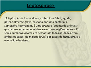 Leptospirose   A  leptospirose  é uma doença infecciosa febril, aguda, potencialmente grave, causada por uma bactéria, a  Leptospira interrogans . É uma  zoonose  (doença de animais) que ocorre  no mundo inteiro, exceto nas regiões polares. Em seres humanos, ocorre em pessoas de todas as idades e em ambos os sexos. Na maioria (90%) dos casos de  leptospirose  a evolução é benigna.  