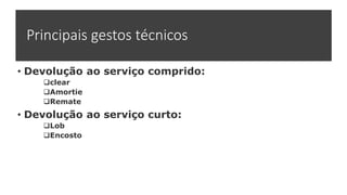 Principais gestos técnicos
• Devolução ao serviço comprido:
clear
Amortie
Remate
• Devolução ao serviço curto:
Lob
Encosto
 