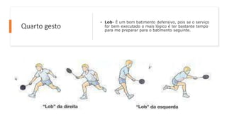 Quarto gesto
• Lob- É um bom batimento defensivo, pois se o serviço
for bem executado o mais lógico é ter bastante tempo
para me preparar para o batimento seguinte.
 