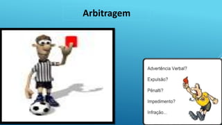 Arbitragem
Permitirá aos treinadores dar
instruções aos jogadores
durante o jogo, dentro do
espaço destinado, à frente do
banco de reservas. Mostrará os
cartões, amarelos e vermelho,
para advertência e expulsão,
respectivamente;
 