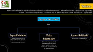 Conceito de adaptação que permite ao organismo responder positivamente e adequadamente aos estímulos que o contexto
coloca. Esses estímulos podem ser circunstanciais ou podem ser intencionais, sistemáticos e organizados
LEI:
A carga de treino é específica em
relação ao objetivo, em relação às
ações desenvolvidas e em relação aos
grupos musculares que intervêm
O efeito da carga perde-se
A resposta orgânica não é
imediata e tem um efeito
latente que é a variável de
acordo com as características
da carga utilizada
 