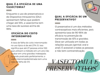 QUAL A EFICÁCIA DE UM
PRESERVATIVO?
VASECTOMIA E
PRESERVATIVOS
Enquanto o uso de preservativos e
do Dispositivo Intrauterino (DIU)
apresentam falhas que podem
chegar até 18%, a vasectomia tem
uma taxa de sucesso acima de
99%.
QUAL É A EFICÁCIA DE UMA
VASECTOMIA?
EFICÁCIA DO COITO
INTERROMPIDO
O preservativo é um dos métodos
contraceptivos mais eficientes, pois
apresenta taxa de 90-95% de
eficácia na prevenção da
transmissão de ISTs e gravidez.
Deve ser utilizada em todas as
relações sexuais (genital, oral e
anal). É acessível a todas as pessoas
e não tem contraindicação.
A taxa de falha do coito interrompido
no uso típico é de até 27% (1). Isso
significa que até 27 pessoas entre 100
que utilizam o método em um ano irão
acabar em uma gravidez indesejada.
Quando praticado perfeitamente, o
coito interrompido/retirada tem uma
taxa de falha de 4%
 