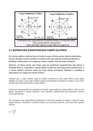 2.1 SUPERFICIES EQUIPOTENCIAIS CAMPO ELETRICO
Um campo elétrico uniforme tem em todos os seus infinitos pontos mesma intensidade,
mesma direção e mesmo sentido e é obtido entre duas placas condutoras idênticas e
paralelas e eletrizadas com cargas de mesmo módulo, mas de sinais contrários.
Observe, na figura acima, que nesse caso as superfícies equipotenciais são planas e
paralelas entre si. Considere o campo elétrico criado por uma carga fonte puntiforme Q e
o campo elétrico uniforme criado por duas placas condutoras idênticas e paralelas e
eletrizadas com cargas de mesmo módulo.
Sabemos que o campo elétrico surge da simples existência de uma carga elétrica numa região
qualquer do espaço. Essa carga modifica algumas propriedades dos pontos do espaço ao seu redor,
criando aquilo que denominamos campo elétrico.
Chamamos uma superfície de equipotencial quando, numa região de campo elétrico, todos os seus
pontos apresentam o mesmo potencial. Uma superfície equipotencial pode apresentar diversas
formas geométricas.
Ao colocarmos uma carga elétrica puntiforme em um ponto qualquer do espaço e longe de outras
cargas elétricas, calculamos o potencial elétrico em um ponto próximo a ela através da seguinte
relação:
 