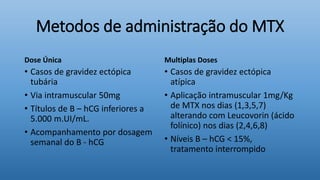 Metodos de administração do MTX
Dose Única
• Casos de gravidez ectópica
tubária
• Via intramuscular 50mg
• Títulos de B – hCG inferiores a
5.000 m.UI/mL.
• Acompanhamento por dosagem
semanal do B - hCG
Multiplas Doses
• Casos de gravidez ectópica
atípica
• Aplicação intramuscular 1mg/Kg
de MTX nos dias (1,3,5,7)
alterando com Leucovorin (ácido
folínico) nos dias (2,4,6,8)
• Níveis B – hCG < 15%,
tratamento interrompido
 