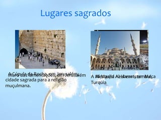  Lugares sagradosA Cúpula da Rocha, em Jerusalém, cidade sagrada para a religião muçulmana.Muro das lamentações, em Jerusalém AlMasjidAl-Haram, em MecaA Mesquita Azul em Istambul, Turquia.