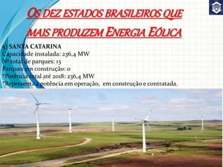 5) SANTA CATARINA
Capacidade instalada: 236,4 MW
Nº total de parques: 13
Parques em construção: 0
*Potência total até 2018: 236,4 MW
*Representa a potência em operação, em construção e contratada.
OS DEZ ESTADOS BRASILEIROS QUE
MAIS PRODUZEM ENERGIA EÓLICA
 