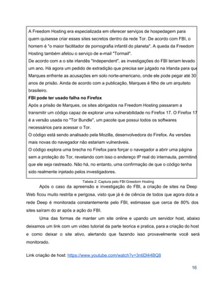 A Freedom Hosting era especializada em oferecer serviços de hospedagem para 
quem quisesse criar esses sites secretos dentro da rede Tor. De acordo com FBI, o 
homem é "o maior facilitador de pornografia infantil do planeta". A queda da Freedom 
Hosting também afetou o serviço de e­mail "Tormail". 
De acordo com a o site irlandês "Independent", as investigações do FBI teriam levado 
um ano. Há agora um pedido de extradição que precisa ser julgado na Irlanda para que
Marques enfrente as acusações em solo norte­americano, onde ele pode pegar até 30 
anos de prisão. Ainda de acordo com a publicação, Marques é filho de um arquiteto 
brasileiro. 
FBI pode ter usado falha no Firefox  
Após a prisão de Marques, os sites abrigados na Freedom Hosting passaram a 
transmitir um código capaz de explorar uma vulnerabilidade no Firefox 17. O Firefox 17
é a versão usada no "Tor Bundle", um pacote que possui todos os softwares 
necessários para acessar o Tor. 
O código está sendo analisado pela Mozilla, desenvolvedora do Firefox. As versões 
mais novas do navegador não estariam vulneráveis. 
O código explora uma brecha no Firefox para forçar o navegador a abrir uma página 
sem a proteção do Tor, revelando com isso o endereço IP real do internauta, permitindo
que ele seja rastreado. Não há, no entanto, uma confirmação de que o código tenha 
sido realmente injetado pelos investigadores. 
Tabela 2: Captura pelo FBI Greedom Hosting 
Após o caso da apreensão e investigação do FBI, a criação de sites na Deep                             
Web ficou muito restrita e perigosa, visto que já é de ciência de todos que agora dota a                                   
rede Deep é monitorada constantemente pelo FBI, estimasse que cerca de 80% dos                         
sites saíram do ar após a ação do FBI. 
Uma das formas de manter um site online e upando um servidor host, abaixo                           
deixamos um link com um video tutorial da parte teorica e pratica, para a criação do host                                 
e como deixar o site ativo, alertando que fazendo isso provavelmente você será                         
monitorado. 
 
Link criação de host: https://www.youtube.com/watch?v=3ntiDl44BQ8 
 
16 
 
