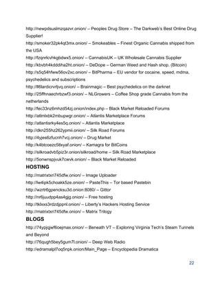 http://newpdsuslmzqazvr.onion/ – Peoples Drug Store – The Darkweb’s Best Online Drug 
Supplier! 
http://smoker32pk4qt3mx.onion/ – Smokeables – Finest Organic Cannabis shipped from 
the USA 
http://fzqnrlcvhkgbdwx5.onion/ – CannabisUK – UK Wholesale Cannabis Supplier 
http://kbvbh4kdddiha2ht.onion/ – DeDope – German Weed and Hash shop. (Bitcoin) 
http://s5q54hfww56ov2xc.onion/ – BitPharma – EU vendor for cocaine, speed, mdma, 
psychedelics and subscriptions 
http://ll6lardicrvrljvq.onion/ – Brainmagic – Best psychedelics on the darknet 
http://25ffhnaechrbzwf3.onion/ – NLGrowers – Coffee Shop grade Cannabis from the 
netherlands 
http://fec33nz6mhzd54zj.onion/index.php – Black Market Reloaded Forums 
http://atlmlxbk2mbupwgr.onion/ – Atlantis Marketplace Forums 
http://atlantisrky4es5q.onion/ – Atlantis Marketplace 
http://dkn255hz262ypmii.onion/ – Silk Road Forums 
http://4yjes6zfucnh7vcj.onion/ – Drug Market 
http://k4btcoezc5tlxyaf.onion/ – Kamagra for BitCoins 
http://silkroadvb5piz3r.onion/silkroad/home – Silk Road Marketplace 
http://5onwnspjvuk7cwvk.onion/ – Black Market Reloaded 
HOSTING 
http://matrixtxri745dfw.onion/ – Image Uploader 
http://lw4ipk5choakk5ze.onion/ – PasteThis – Tor based Pastebin 
http://wzrtr6gpencksu3d.onion:8080/ – Gittor 
http://nr6juudpp4as4gjg.onion/ – Free hosting 
http://tklxxs3rdzdjppnl.onion/ – Liberty’s Hackers Hosting Service 
http://matrixtxri745dfw.onion/ – Matrix Trilogy 
BLOGS 
http://74ypjqjwf6oejmax.onion/ – Beneath VT – Exploring Virginia Tech’s Steam Tunnels 
and Beyond 
http://76qugh5bey5gum7l.onion/ – Deep Web Radio 
http://edramalpl7oq5npk.onion/Main_Page – Encyclopedia Dramatica 
22 
 