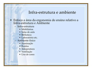 Infra-estrutura e ambiente
• Enfoca a área da ergonomia de ensino relativo a
Infra-estrutura e Ambiente
– Infra-estrutura
• Mobiliários
• Salas de aula
• Biblioteca
• Laboratório etc.
– Ambiente físico
• Iluminação
• Ruídos
• Temperatura
• Ventilação
• Uso de cores
 