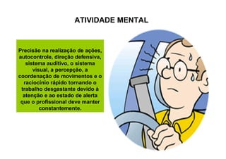 ATIVIDADE MENTAL

Precisão na realização de ações,
autocontrole, direção defensiva,
sistema auditivo, o sistema
visual, a percepção, a
coordenação de movimentos e o
raciocínio rápido tornando o
trabalho desgastante devido à
atenção e ao estado de alerta
que o profissional deve manter
constantemente.

 