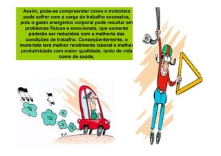 Assim, pode-se compreender como o motorista
pode sofrer com a carga de trabalho excessiva,
pois o gasto energético corporal pode resultar em
problemas físicos e emocionais, que somente
poderão ser reduzidos com a melhoria das
condições de trabalho. Conseqüentemente, o
motorista terá melhor rendimento laboral e melhor
produtividade com maior qualidade, tanto de vida
como de saúde.

 