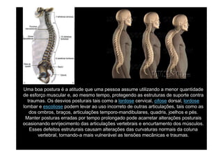 Uma boa postura é a atitude que uma pessoa assume utilizando a menor quantidade
de esforço muscular e, ao mesmo tempo, protegendo as estruturas de suporte contra
traumas. Os desvios posturais tais como a lordose cervical, cifose dorsal, lordose
lombar e escoliose podem levar ao uso incorreto de outras articulações, tais como as
dos ombros, braços, articulações temporo-mandibulares, quadris, joelhos e pés.
Manter posturas erradas por tempo prolongado pode acarretar alterações posturais
ocasionando enrijecimento das articulações vertebrais e encurtamento dos músculos.
Esses defeitos estruturais causam alterações das curvaturas normais da coluna
vertebral, tornando-a mais vulnerável as tensões mecânicas e traumas.

 