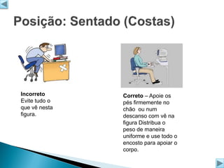 Incorreto
Evite tudo o
que vê nesta
figura.

Correto – Apoie os
pés firmemente no
chão ou num
descanso com vê na
figura Distribua o
peso de maneira
uniforme e use todo o
encosto para apoiar o
corpo.

 